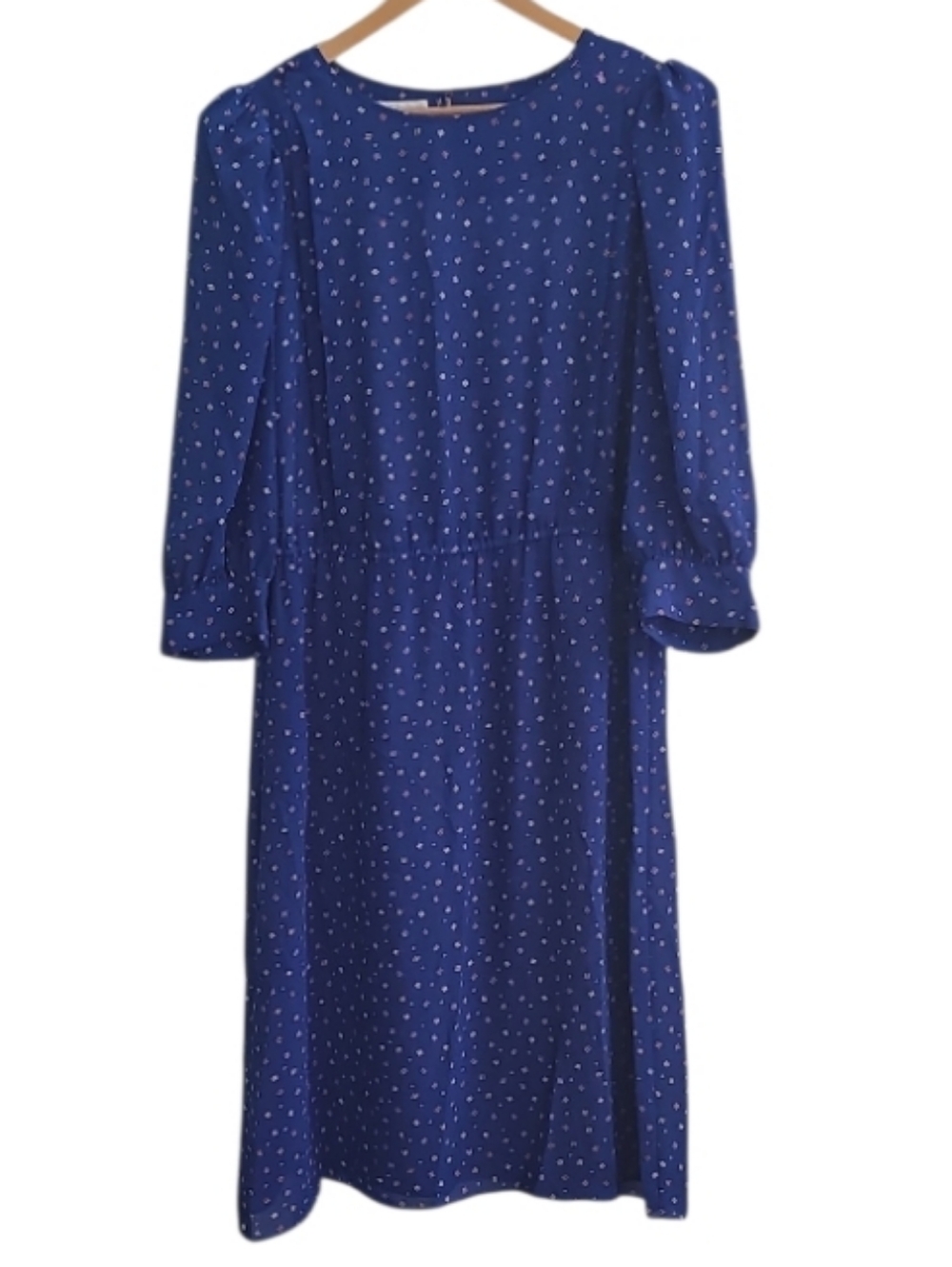 Vintage Blue Sheer Midi Dress Confetti Dash Print Puff Sleeve Charlee Allison L